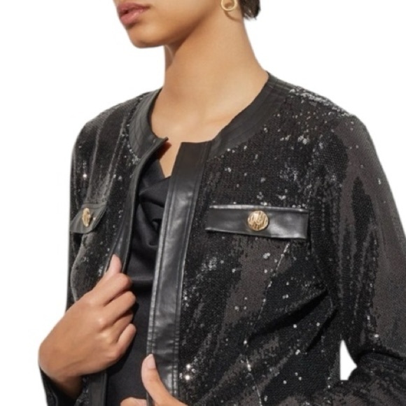 MING WANG Open Front Sequin Vegan Leather Jacket Black Size M NEW - Picture 4 of 12